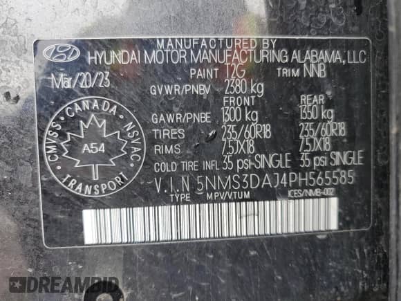 2023 Hyundai Santa Fe SEL with VIN 5NMS3DAJ4PH565585, listed as a Copart auction lot 64597575 with 73,266 mi miles and Salvage title. Bid and sale history available at DreamBid. Image 13.