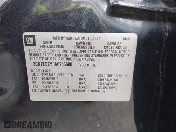 2010 Chevrolet Equinox 1LT с VIN 2CNFLEEY0A6246600, выставлен на аукционе IAAI как лот 42976793 с пробегом 169 622 миль миль и . История ставок и продаж доступна на DreamBid. Изображение 9.