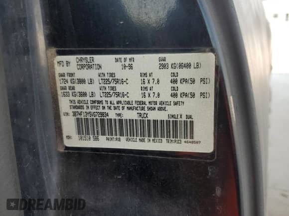 1997 Dodge 1500 with VIN 3B7HF13Y5VG729834, listed as a Copart auction lot 62050055 with 234,465 mi miles and Salvage title. Bid and sale history available at DreamBid. Image 12.