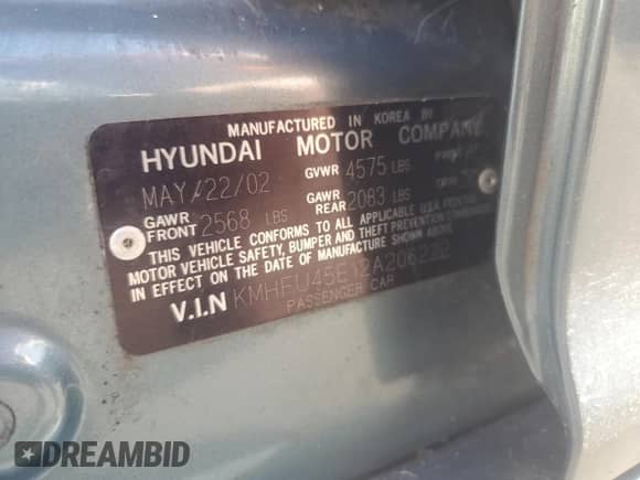 2002 Hyundai XG L with VIN KMHFU45E12A206222, listed as a Copart auction lot 57001405 with 89,116 mi miles and Clean title. Bid and sale history available at DreamBid. Image 12.