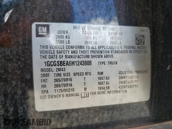 2017 Chevrolet Colorado 2WD WT с VIN 1GCGSBEA6H1243808, выставлен на аукционе Copart как лот 68399855 с пробегом 131 971 миль миль и Списание • Salvage title. История ставок и продаж доступна на DreamBid. Изображение 12.