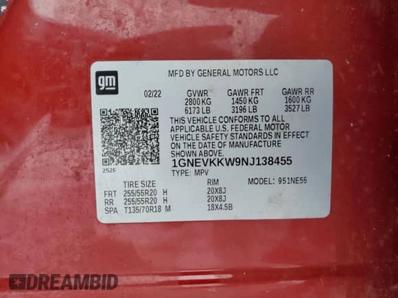 2022 Chevrolet Traverse Premier with VIN 1GNEVKKW9NJ138455, listed as a Copart auction lot 46489125 with Not provided miles and Salvage title. Bid and sale history available at DreamBid. Image 13.