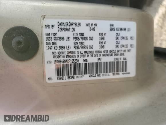 2002 Dodge Durango SLT with VIN 1B4HS48N42F165230, listed as a Copart auction lot 55493455 with 419,551 mi miles and Salvage title. Bid and sale history available at DreamBid. Image 13.