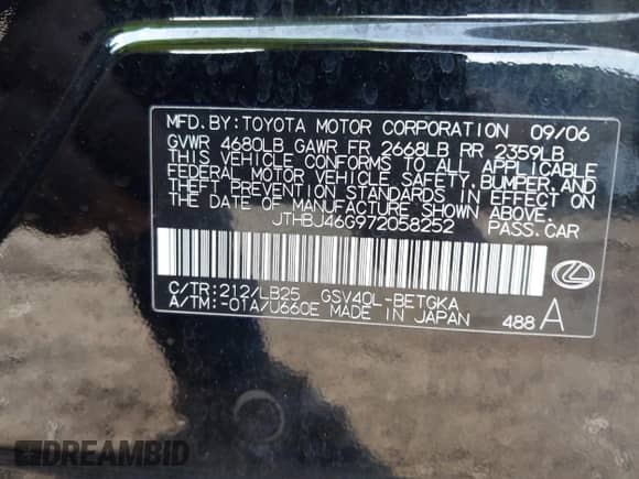 2007 Lexus ES 330 z VIN JTHBJ46G972058252, wystawiony jako IAAI lot #43426803 z przebiegiem 118 587 mil mil oraz . Historia ofert i sprzedaży dostępna na DreamBid. Obrazek 9.