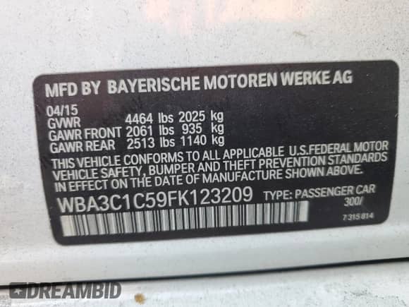 2015 BMW 3 Series 328i с VIN WBA3C1C59FK123209, выставлен на аукционе Copart как лот 87302635 с пробегом 127 428 миль миль и Чистый • Clean title. История ставок и продаж доступна на DreamBid. Изображение 12.