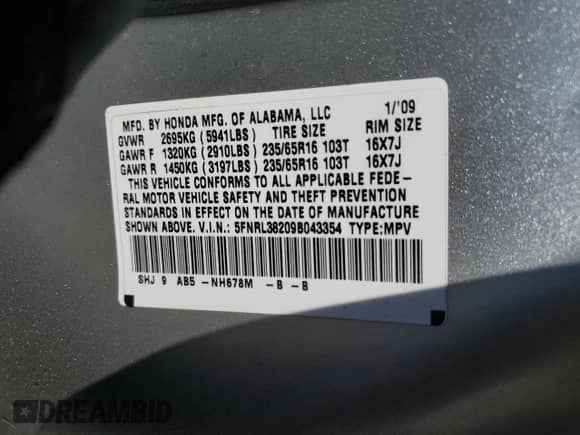 2009 Honda Odyssey LX с VIN 5FNRL38209B043354, выставлен на аукционе Copart как лот 87306645 с пробегом 226 026 миль миль и Списание • Salvage title. История ставок и продаж доступна на DreamBid. Изображение 13.