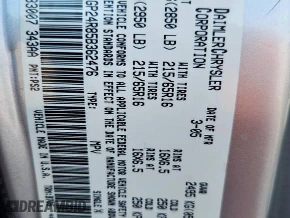 2005 Dodge Caravan SE z VIN 1D4GP24R85B362476, wystawiony jako Copart lot #86501275 z przebiegiem 190 216 mil mil oraz Szkoda całkowita • Salvage title. Historia ofert i sprzedaży dostępna na DreamBid. Obrazek 13.