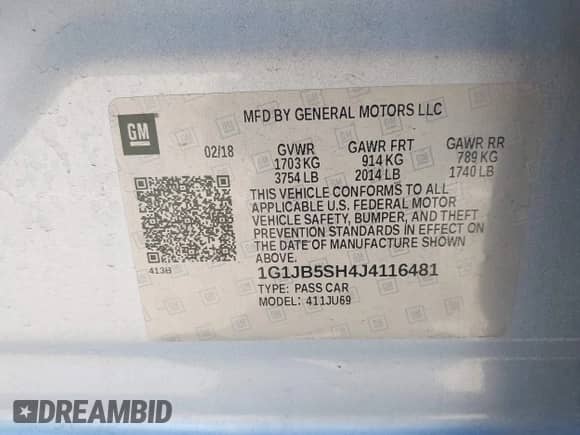 2018 Chevrolet Sonic LS z VIN 1G1JB5SH4J4116481, wystawiony jako IAAI lot #42750673 z przebiegiem 110 591 mil mil oraz . Historia ofert i sprzedaży dostępna na DreamBid. Obrazek 9.