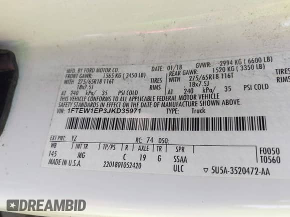 2018 Ford F-150 XL z VIN 1FTEW1EP3JKD35971, wystawiony jako IAAI lot #43442992 z przebiegiem 219 901 mil mil oraz . Historia ofert i sprzedaży dostępna na DreamBid. Obrazek 9.