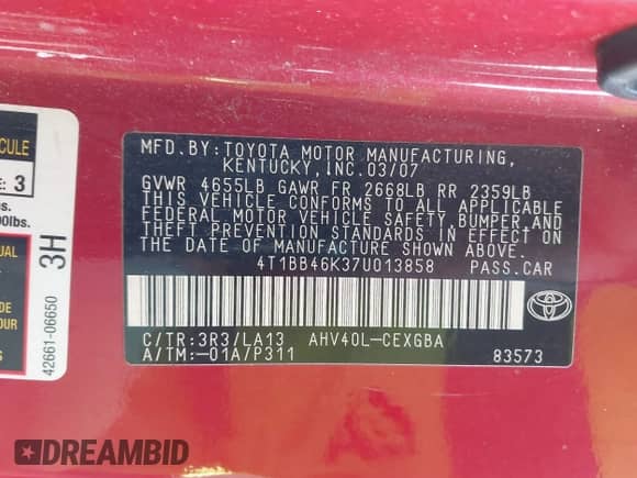 2007 Toyota Camry z VIN 4T1BB46K37U013858, wystawiony jako IAAI lot #43531080 z przebiegiem Nie podano mil oraz . Historia ofert i sprzedaży dostępna na DreamBid. Obrazek 9.