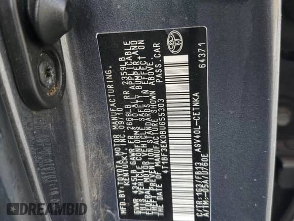 2011 Toyota Camry LE z VIN 4T1BF3EK0BU655303, wystawiony jako Copart lot #47480485 z przebiegiem 185 662 mil mil oraz Szkoda całkowita • Salvage title. Historia ofert i sprzedaży dostępna na DreamBid. Obrazek 12.