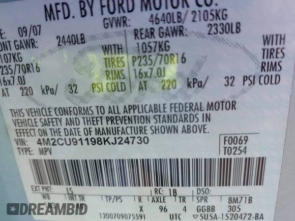 2008 Mercury Mariner with VIN 4M2CU91198KJ24730, listed as a IAAI auction lot 43341107 with 158,521 mi miles and . Bid and sale history available at DreamBid. Image 9.