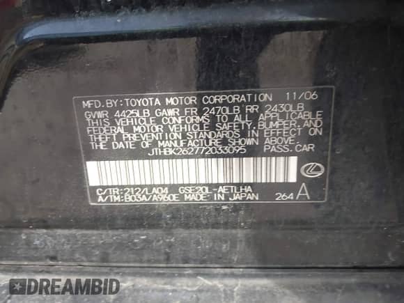 2007 Lexus IS 250 с VIN JTHBK262772033095, выставлен на аукционе IAAI как лот 43553069 с пробегом 392 514 миль миль и . История ставок и продаж доступна на DreamBid. Изображение 9.