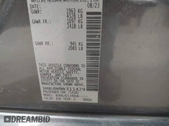 2024 Nissan Altima SV with VIN 1N4BL4DV0RN311429, listed as a IAAI auction lot 43401024 with 56,162 mi miles and . Bid and sale history available at DreamBid. Image 9.