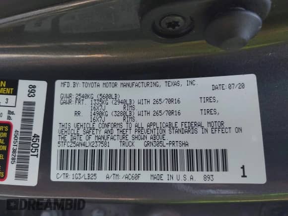 2020 Toyota Tacoma SR5 with VIN 5TFCZ5AN4LX237581, listed as a IAAI auction lot 43191708 with 126,946 mi miles and . Bid and sale history available at DreamBid. Image 9.