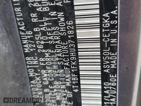 2017 Toyota Camry SE with VIN 4T1BF1FK9HU371826, listed as a Copart auction lot 71697935 with 126,350 mi miles and Salvage title. Bid and sale history available at DreamBid. Image 13.