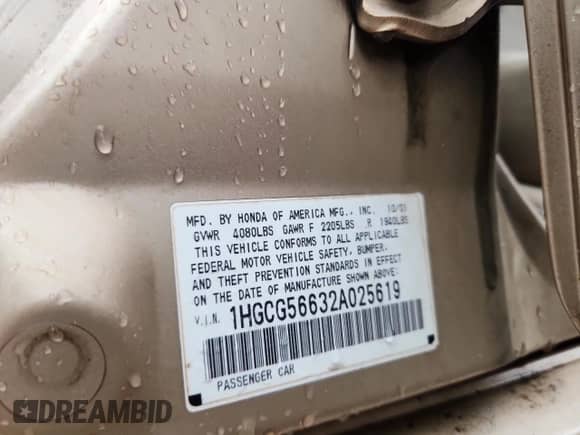 2002 Honda Accord EX with VIN 1HGCG56632A025619, listed as a Copart auction lot 61507405 with 29,646 mi miles and Salvage title. Bid and sale history available at DreamBid. Image 12.