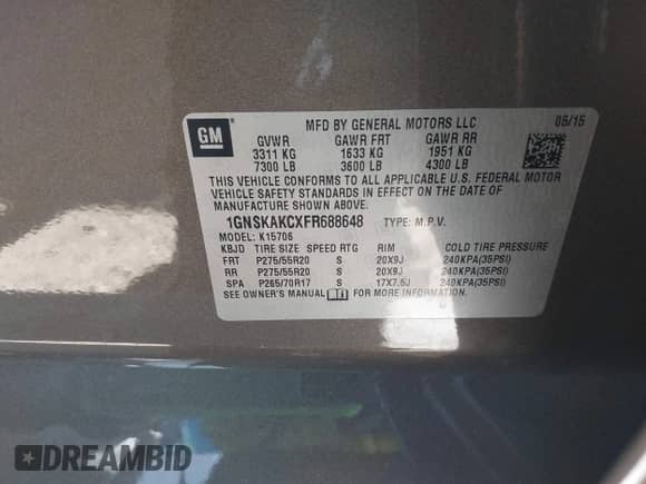 2015 Chevrolet Tahoe LS с VIN 1GNSKAKCXFR688648, выставлен на аукционе IAAI как лот 42862354 с пробегом 95 740 миль миль и . История ставок и продаж доступна на DreamBid. Изображение 9.