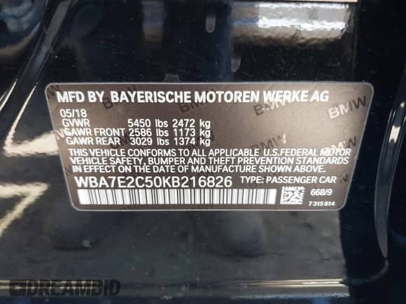 2019 BMW 7 Series 740i with VIN WBA7E2C50KB216826, listed as a IAAI auction lot 39659011 with Not provided miles and . Bid and sale history available at DreamBid. Image 9.