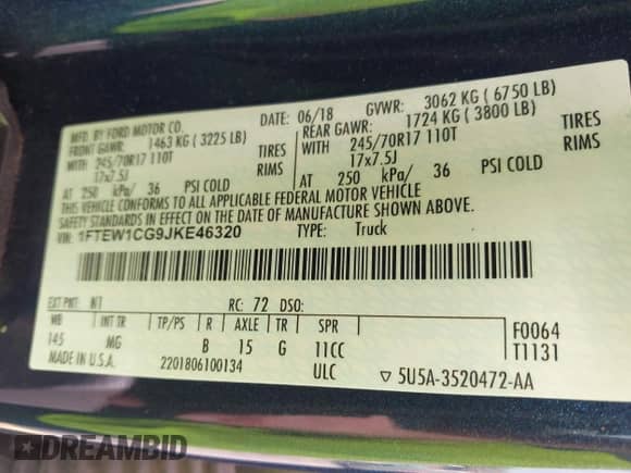 2018 Ford F-150 XL z VIN 1FTEW1CG9JKE46320, wystawiony jako IAAI lot #41690233 z przebiegiem 85 112 mil mil oraz . Historia ofert i sprzedaży dostępna na DreamBid. Obrazek 9.