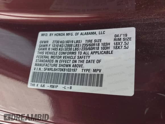 2019 Honda Odyssey EX-L с VIN 5FNRL6H70KB103197, выставлен на аукционе IAAI как лот 42834725 с пробегом 366 183 миль миль и . История ставок и продаж доступна на DreamBid. Изображение 9.