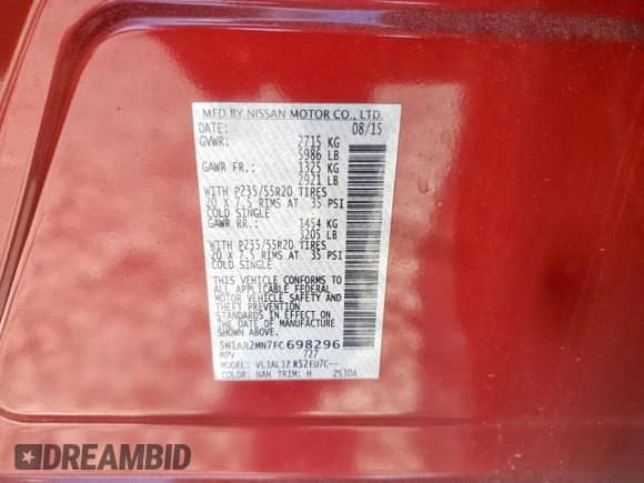 2015 Nissan Pathfinder Platinum z VIN 5N1AR2MN7FC698296, wystawiony jako Copart lot #81789405 z przebiegiem 147 361 mil mil oraz Szkoda całkowita • Salvage title. Historia ofert i sprzedaży dostępna na DreamBid. Obrazek 13.