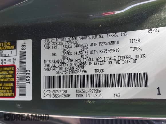 2021 Toyota Tundra SR5 with VIN 5TFDY5F19MX023796, listed as a IAAI auction lot 42423231 with 59,149 mi miles and . Bid and sale history available at DreamBid. Image 9.