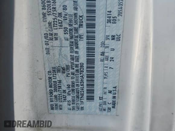 2003 Ford Econoline Cargo с VIN 1FTNE24L63HA78280, выставлен на аукционе Copart как лот 84727785 с пробегом 227 953 миль миль и Списание • Salvage title. История ставок и продаж доступна на DreamBid. Изображение 13.