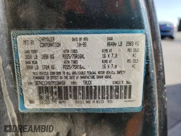 1996 Dodge 1500 с VIN 3B7HC13Y0TM120450, выставлен на аукционе Copart как лот 78552594 с пробегом 317 248 миль миль и Списание • Salvage title. История ставок и продаж доступна на DreamBid. Изображение 13.