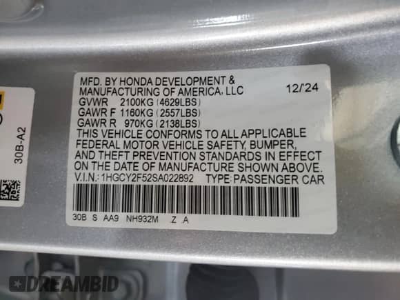 2025 Honda Accord Sport with VIN 1HGCY2F52SA022892, listed as a Copart auction lot 66015035 with 6,724 mi miles and Salvage title. Bid and sale history available at DreamBid. Image 12.