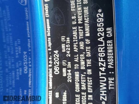 2024 Lamborghini Huracan с VIN ZHWUT4ZF6RLA28592, выставлен на аукционе Copart как лот 71903645 с пробегом 1 202 миль миль и Списание • Salvage title. История ставок и продаж доступна на DreamBid. Изображение 12.