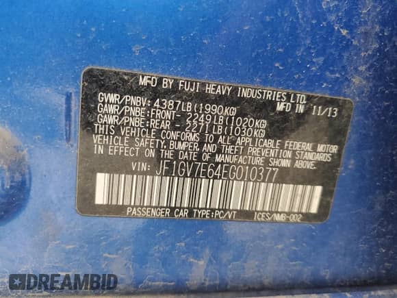 2014 Subaru WRX WRX with VIN JF1GV7E64EG010377, listed as a Copart auction lot 58346685 with Not provided miles and Clean title. Bid and sale history available at DreamBid. Image 13.