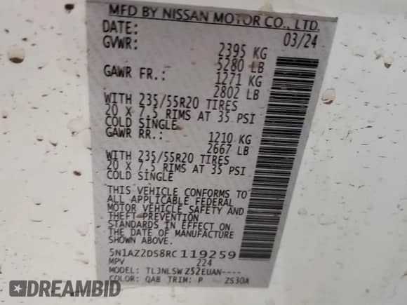 2024 Nissan Murano Platinum with VIN 5N1AZ2DS8RC119259, listed as a Copart auction lot 52637325 with 512 mi miles and Salvage title. Bid and sale history available at DreamBid. Image 14.