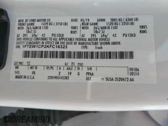 2019 Ford F-150 XL with VIN 1FTEW1CP2KFC16323, listed as a Copart auction lot 70815735 with 94,718 mi miles and Salvage title. Bid and sale history available at DreamBid. Image 12.