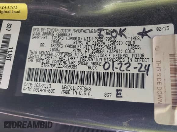 2013 Toyota Tundra с VIN 5TFEM5F12DX059359, выставлен на аукционе IAAI как лот 42451101 с пробегом 236 522 миль миль и . История ставок и продаж доступна на DreamBid. Изображение 9.