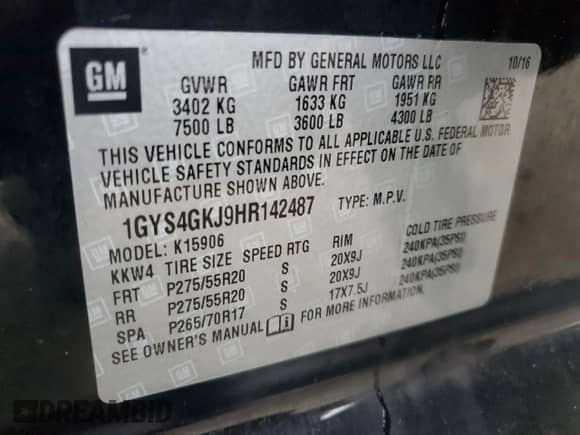 2017 Cadillac Escalade with VIN 1GYS4GKJ9HR142487, listed as a Copart auction lot 73407214 with 178,710 mi miles and Salvage title. Bid and sale history available at DreamBid. Image 13.