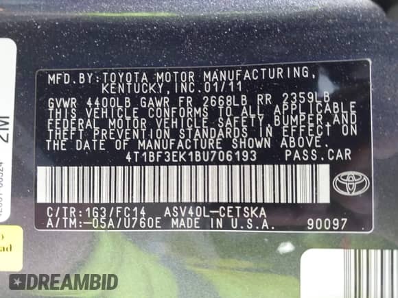 2011 Toyota Camry LE с VIN 4T1BF3EK1BU706193, выставлен на аукционе IAAI как лот 43221452 с пробегом 188 278 миль миль и . История ставок и продаж доступна на DreamBid. Изображение 9.