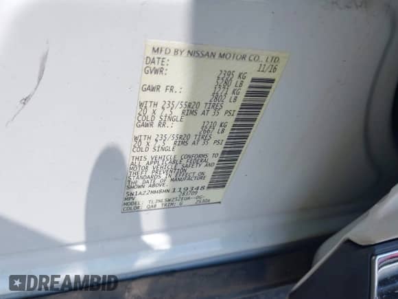 2017 Nissan Murano Platinum with VIN 5N1AZ2MH8HN119348, listed as a IAAI auction lot 42449478 with 108,132 mi miles and . Bid and sale history available at DreamBid. Image 9.