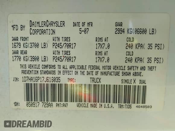 2007 Dodge 1500 SLT с VIN 1D7HA16P17J616035, выставлен на аукционе IAAI как лот 42348287 с пробегом 164 440 миль миль и . История ставок и продаж доступна на DreamBid. Изображение 9.
