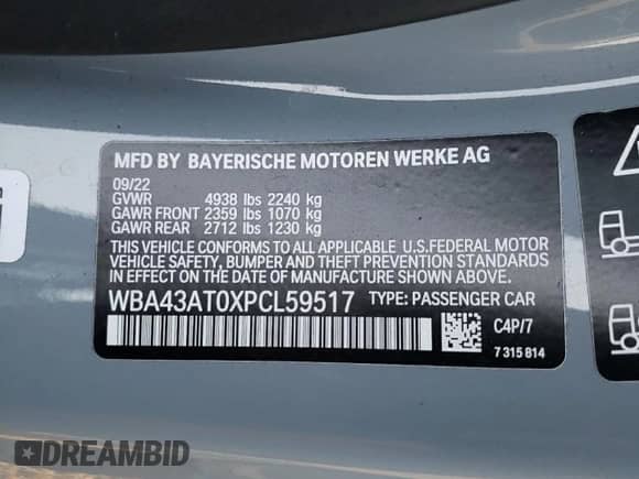 2023 BMW 4 Series 430i xDrive with VIN WBA43AT0XPCL59517, listed as a Copart auction lot 72859063 with 8,653 mi miles and Salvage title. Bid and sale history available at DreamBid. Image 12.
