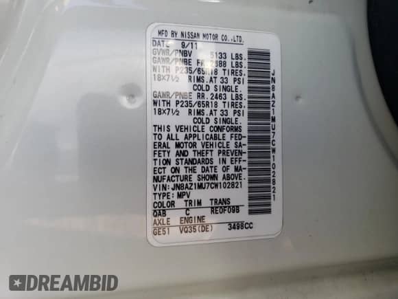 2012 Nissan Murano SV with VIN JN8AZ1MU7CW102821, listed as a Copart auction lot 66182753 with 155,903 mi miles and Salvage title. Bid and sale history available at DreamBid. Image 13.