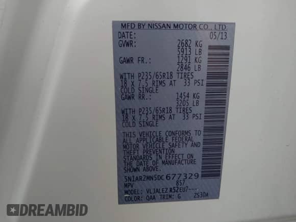 2013 Nissan Pathfinder SL with VIN 5N1AR2MN5DC677329, listed as a IAAI auction lot 41984067 with 192,412 mi miles and . Bid and sale history available at DreamBid. Image 9.