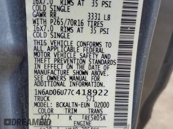 2007 Nissan Frontier SE with VIN 1N6AD06U77C418922, listed as a Copart auction lot 56603015 with 354,484 mi miles and Salvage title. Bid and sale history available at DreamBid. Image 13.