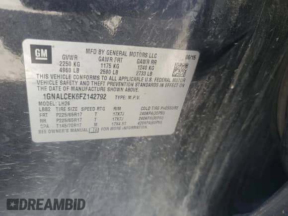 2015 Chevrolet Equinox LT with VIN 1GNALCEK6FZ142792, listed as a Copart auction lot 63119085 with 239,530 mi miles and Salvage title. Bid and sale history available at DreamBid. Image 13.