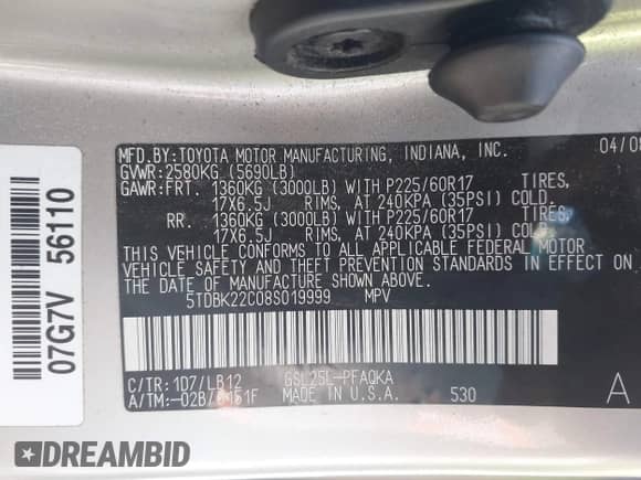 2008 Toyota Sienna XLE z VIN 5TDBK22C08S019999, wystawiony jako IAAI lot #43180038 z przebiegiem 218 337 mil mil oraz . Historia ofert i sprzedaży dostępna na DreamBid. Obrazek 9.