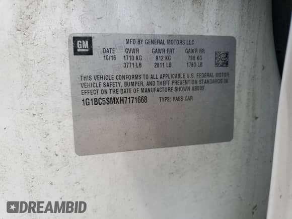 2017 Chevrolet Cruze LS with VIN 1G1BC5SMXH7171668, listed as a Copart auction lot 66628215 with 122,964 mi miles and Salvage title. Bid and sale history available at DreamBid. Image 12.
