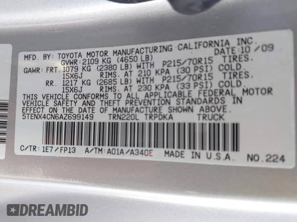 2010 Toyota Tacoma z VIN 5TENX4CN6AZ699149, wystawiony jako IAAI lot #43362225 z przebiegiem 182 399 mil mil oraz . Historia ofert i sprzedaży dostępna na DreamBid. Obrazek 9.