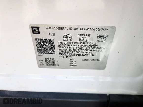 2020 Chevrolet Equinox Premier с VIN 2GNAXNEV8L6203318, выставлен на аукционе Copart как лот 70734555 с пробегом 69 262 миль миль и Списание • Salvage title. История ставок и продаж доступна на DreamBid. Изображение 13.
