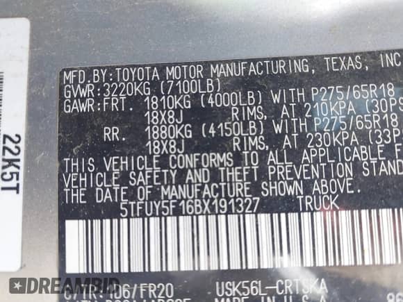 2011 Toyota Tundra с VIN 5TFUY5F16BX191327, выставлен на аукционе IAAI как лот 42380879 с пробегом 274 852 миль миль и . История ставок и продаж доступна на DreamBid. Изображение 9.