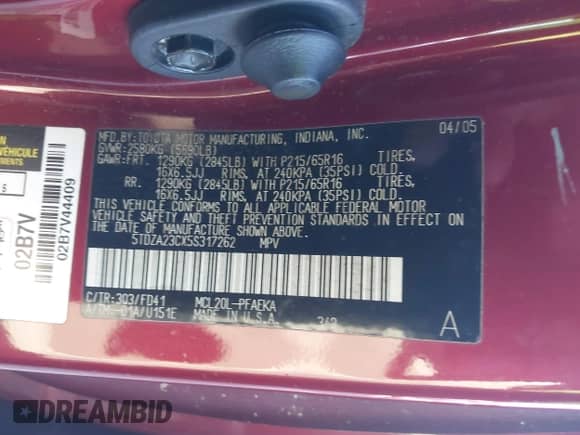 2005 Toyota Sienna CE с VIN 5TDZA23CX5S317262, выставлен на аукционе IAAI как лот 43469064 с пробегом 169 456 миль миль и . История ставок и продаж доступна на DreamBid. Изображение 9.